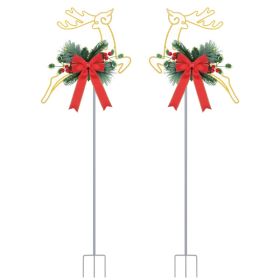 2Pcs Christmas Lighted Reindeer Decoration LED Pathway Stake Lights Battery Powered For Outdoor Garden Lawn Porch Front Door Patio Holiday Decor