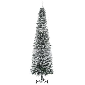 HOMOM 7.5ft Flocked Christmas Tree, Pencil Artificial Xmas Tree with Faux Snow, Dense Branches, Foldable Metal Base for Indoor Holiday Decor