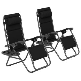 Zero Gravity Lounge Chair Set, 2 Pieces Reclining Folding Outdoor Lounge Chairs with Headrest Side Tray, Black