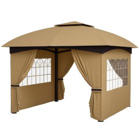 11' x 11' Outdoor Gazebo, Double Roof Patio Gazebo with Curtains, Church Windows, Galvanized Steel Frame, Beige