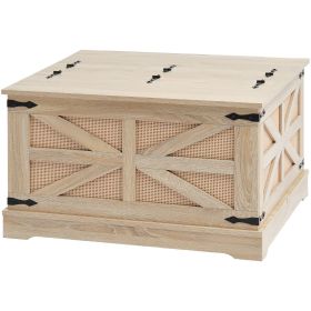 Rattan Coffee Table, Rectangle PE Rattan Woven Wood Coffee Table with MDF Top, 32-Inch Modern Boho Style Storage Coffee Table with Retro Metal Hinges