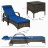 Patio Wicker Chaise Lounge Chair Set of 2 with Table, Adjustable Backrest, Wheels, Cushion & Headrest, Blue