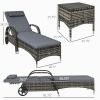 Patio Wicker Chaise Lounge Chair Set of 2 with Table, Adjustable Backrest, Wheels, Cushion & Headrest, Gray