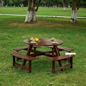 Outdoor 6 Person Picnic Table, 6 person Round Picnic Table with 3 Built-in Benches, Umbrella Hole, Outside Table and Bench Set for Garden, Backyard (Color: Brown, Person: 8)